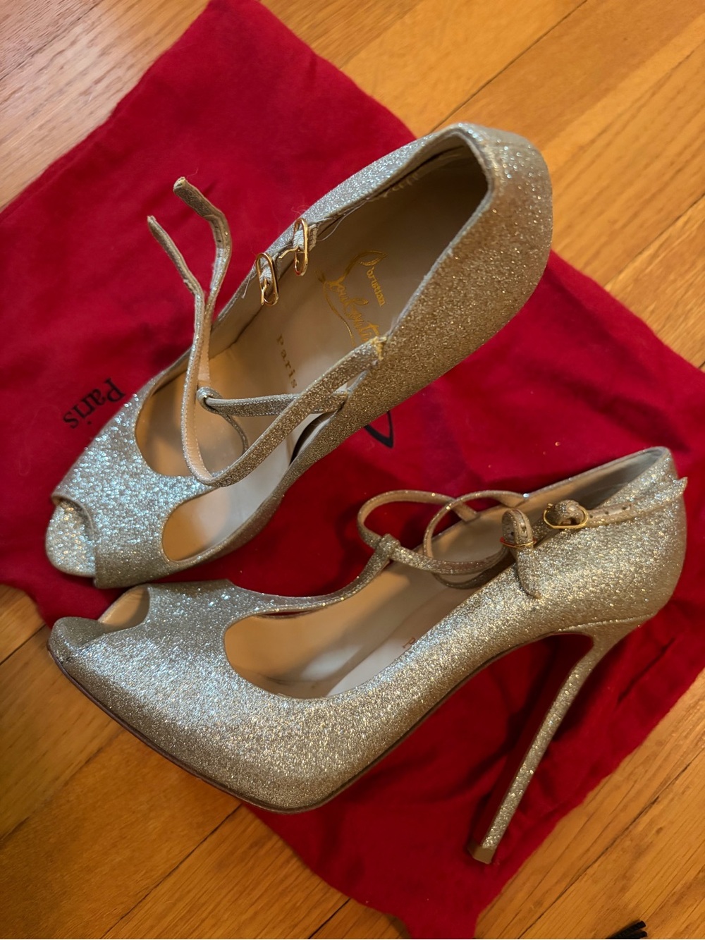 Christian Louboutin Glitter Peep-Toe Ankle-Strap Stilettos Shoe in Gold Sparkle